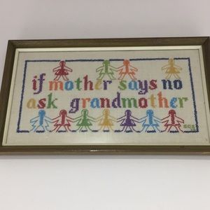Vintage 70s Grandma Cross Stitch Embroidered Framed Picture